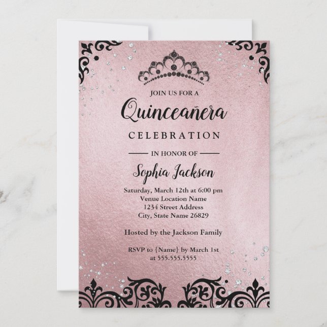 Convite Tiaro Damasco Rose Gold Quinceanera (Frente)