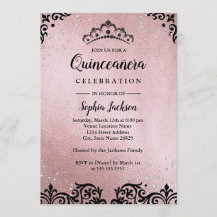 Convite Tiaro Damasco Rose Gold Quinceanera