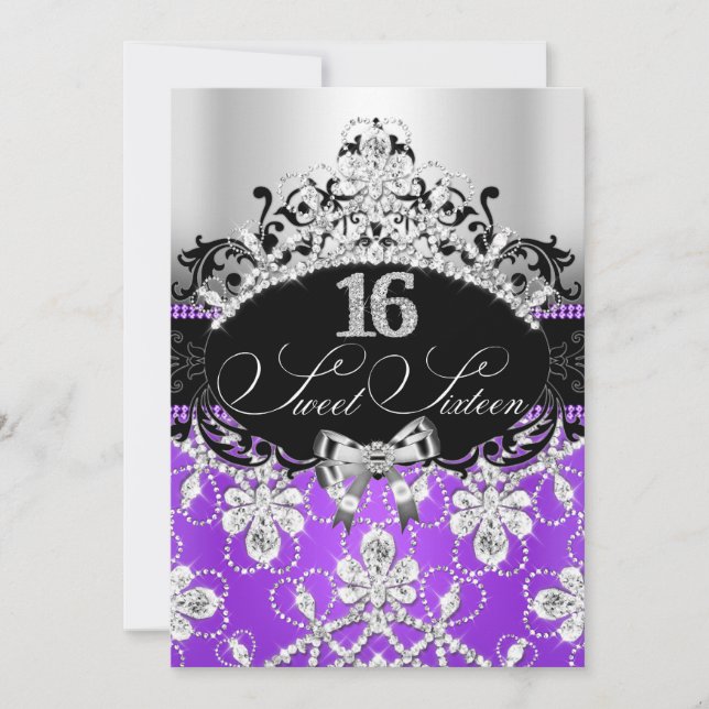 Convite Tiaro de Aniversário Sweet 16 Roxo Prata Brilhante (Frente)