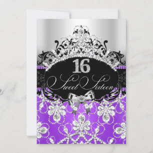 Convite Tiaro de Aniversário Sweet 16 Roxo Prata Brilhante