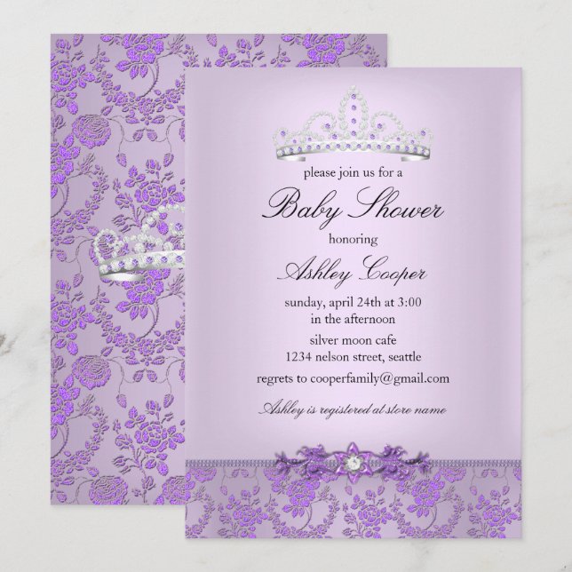 Convite Tiaro de Baby Shower da Princesa Roxa (Frente/Verso)