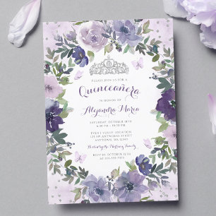 Convite Tiaro de Borboleta Floral Roxa Prata Quinceanera