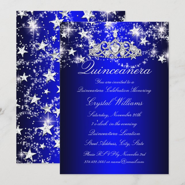 Convite Tiaro de Brilho Azul & Estrelas Quinceanera (Frente/Verso)