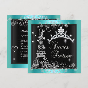 Convite Tiaro de Brilho Azul Teal Doce 16 Torre Eiffel 2