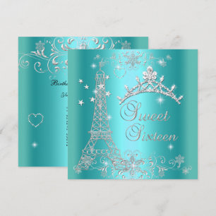 Convite Tiaro de Brilho Azul Turquesa para Sweet 16 Torre