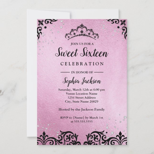 Convite Tiaro de Brilho Rosa Damask Sweet Sixteen (Frente)