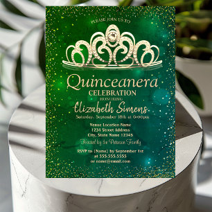 Convite Tiaro de Confete Dourado Aquarela Verde Quinceañer