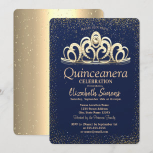 Convite Tiaro de Confete Dourado Azul Marinho Quinceañera