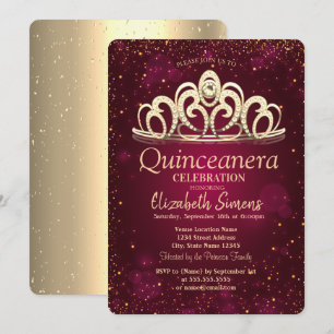 Convite Tiaro de Confete Dourado Chic Burgundy Quinceañera