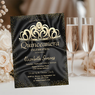 Convite Tiaro de Confete Dourado Chic em Seda Preta Quince
