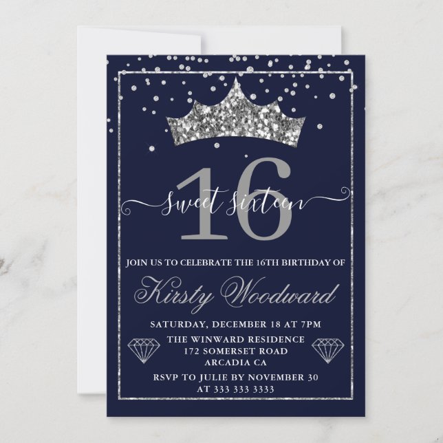 Convite Tiaro de Confetes de Diamante de Prata Sweet 16 (Frente)