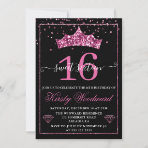 Convite Tiaro de Confetes de Diamante Rosa Sweet 16