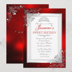 Convite Tiaro de Damasco Prateado Vermelho Aniversário de 