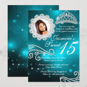 Convite Tiaro de Diamante Brilho Azul Foto Quinceanera