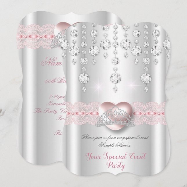 Convite Tiaro de Diamante com Coração de Prata Rosa Bonito (Frente/Verso)