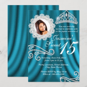 Convite Tiaro de Diamante Prata Turquesa Foto Quinceanera