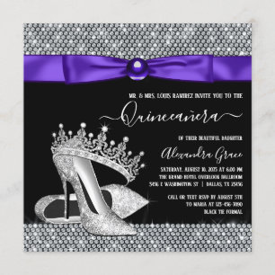Convite Tiaro de Diamante Preto Roxo Sapato Quinceanera