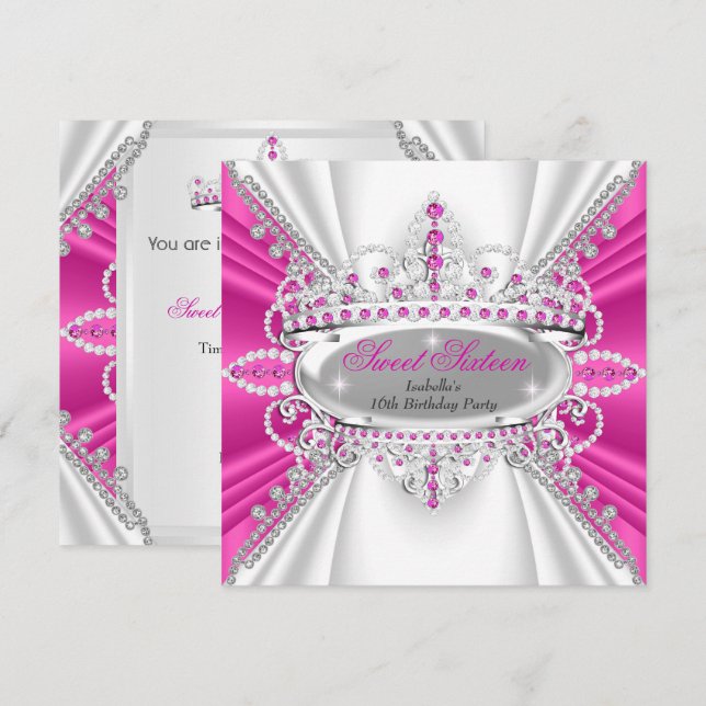 Convite Tiaro de Diamantes Rosa Quente para Princesa de An (Frente/Verso)