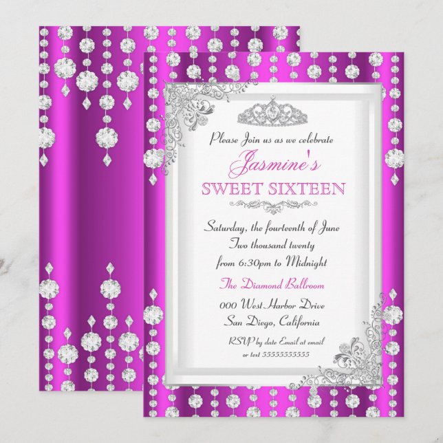 Convite Tiaro de Gema Prateada Rosa Roxo Aniversário de 16 (Frente/Verso)
