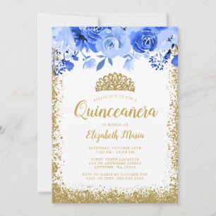 Convite Tiaro de Glitter Dourado Falso Floral Azul Quincea