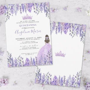Convite Tiaro de Glitter Lilás Floral Quinceañera