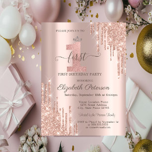Convite Tiaro de Glitter Rosa Dourado Prata para 1º Aniver