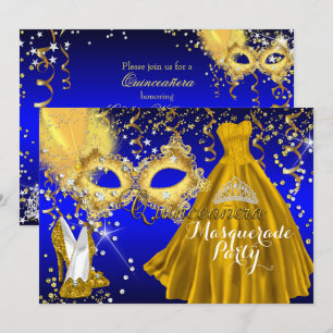 Convite Tiaro de Máscara Mascarada Quinceanera Dourado Azu