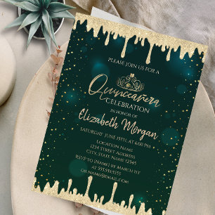 Convite Tiaro de Ouro Chic, Brilhos Verdes Quinceañera