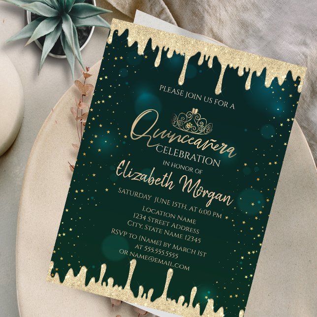 Convite Tiaro de Ouro Chic, Brilhos Verdes Quinceañera  (Criador carregado)
