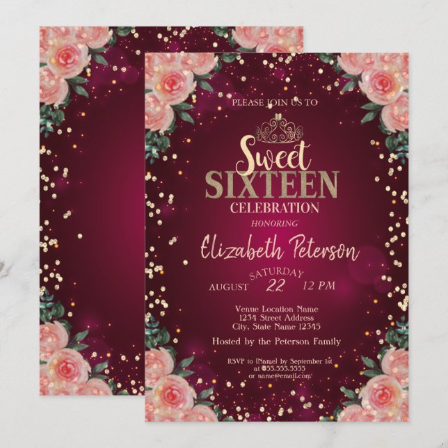 Convite Tiaro de Ouro Chic, Diamantes Floral Borgonha Swee (Frente/Verso)