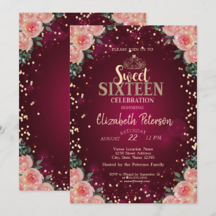 Convite Tiaro de Ouro Chic, Diamantes Floral Borgonha Swee