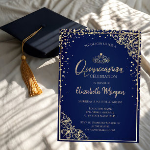 Convite Tiaro de Ouro Chic, Diamantes Quinceañera Azul
