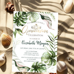 Convite Tiaro de Ouro Chic Folhas Tropicais Quinceañera