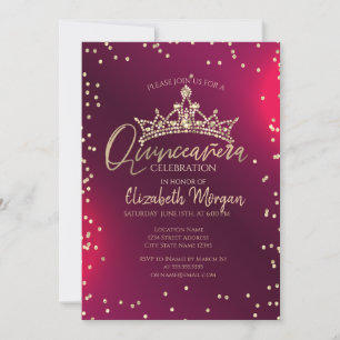 Convite Tiaro de ouro chique,Quinceañera vermelha com diam