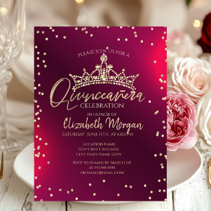 Convite Tiaro de ouro chique,Quinceañera vermelha com diam
