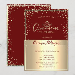 Convite Tiaro de ouro chique,Quinceañera vermelha com diam