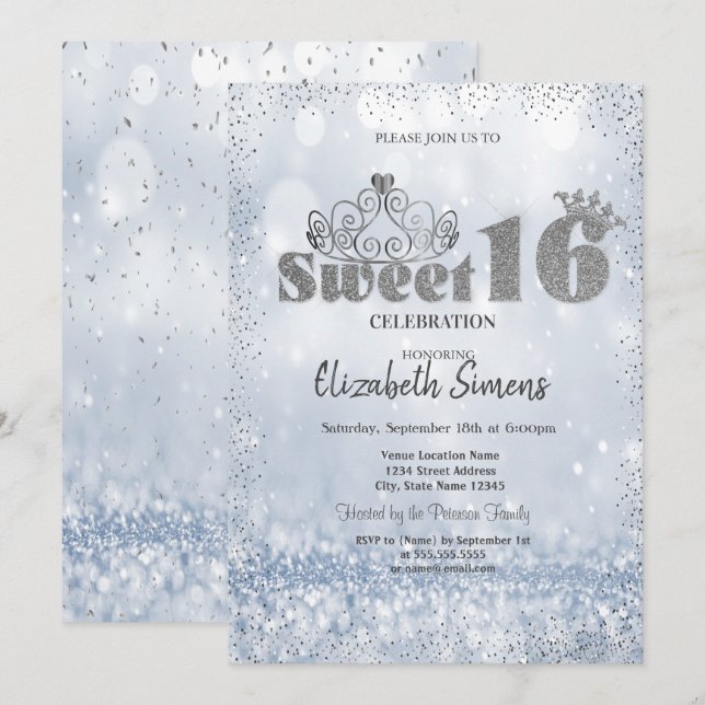 Convite Tiaro de Ouro Confete Princesa Bokeh Sweet 16 (Frente/Verso)