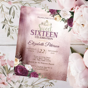 Convite Tiaro de Ouro,Festa Sweet 16 Vermelho Burgundy Con