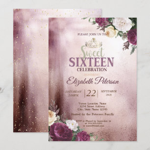 Convite Tiaro de Ouro,Festa Sweet 16 Vermelho Burgundy Con