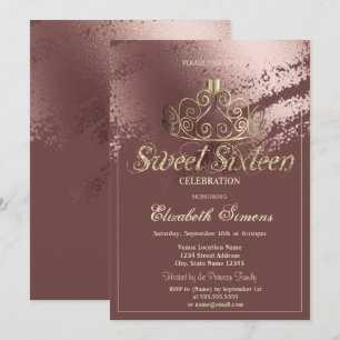 Convite Tiaro de Ouro Rosa Dourado Pincelada Doce 16