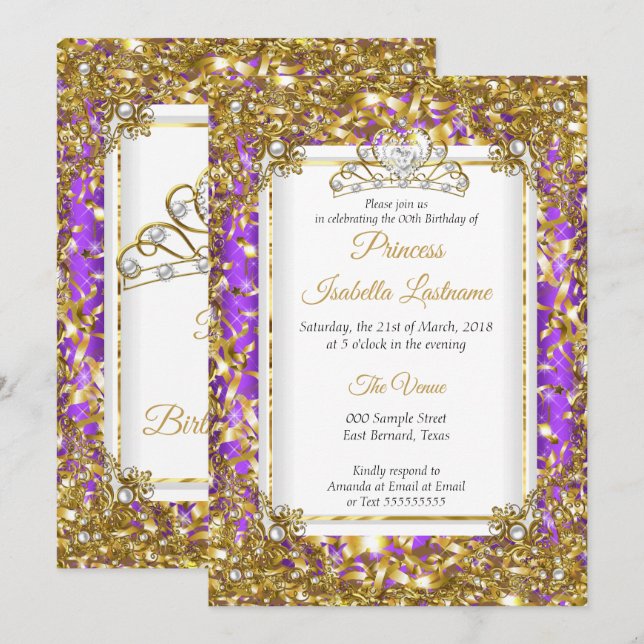 Convite Tiaro de Pérola Branca Dourado Roxo Festa de Anive (Frente/Verso)