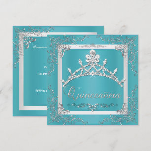 Convite Tiaro de Prata Turquesa Quinceanera 15º Aniversári