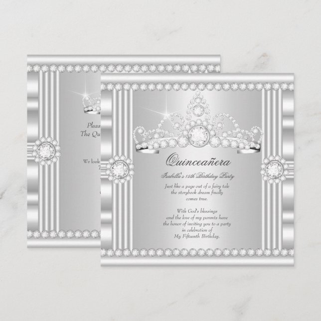 Convite Tiaro de Princesa Quinceanera Prata Cetim Branco (Frente/Verso)