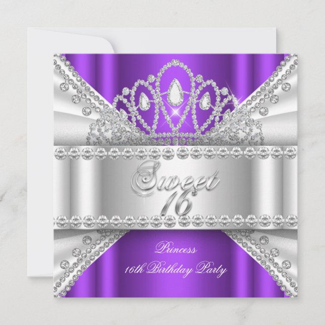 Convite Tiaro de Princesa Sweet 16 Roxo Branco Diamante (Frente)