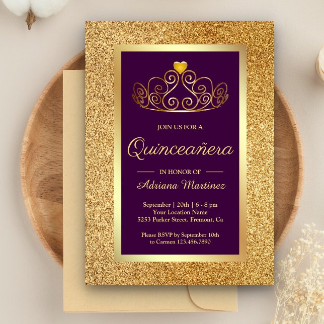 Convite Tiaro de Purpurina Dourada Princesa Quinceanera Ro (Criador carregado)