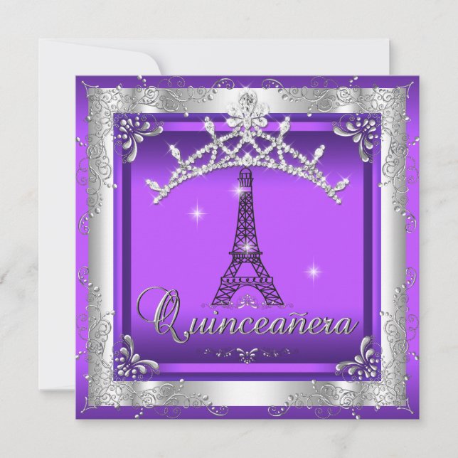 Convite Tiaro de Quinze Anos Roxo Prata Torre Eiffel (Frente)