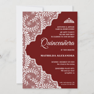 Convite Tiaro de Renda Branco Borgonha Quinceanera XV