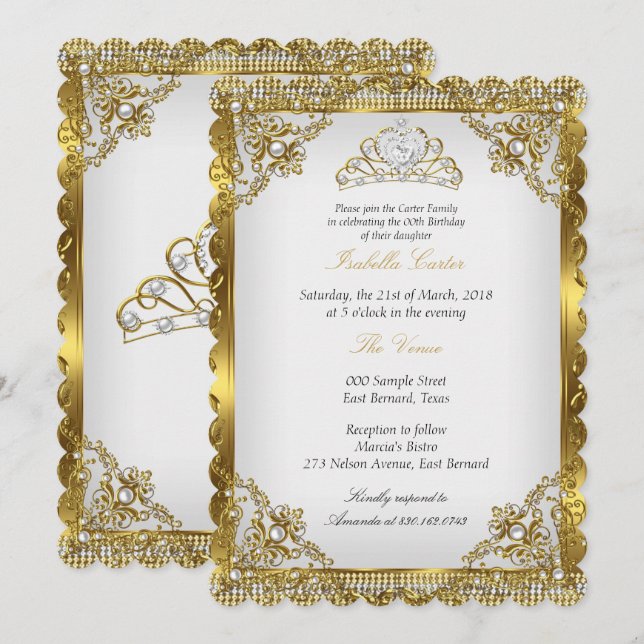 Convite Tiaro de Renda Damasco Pérola Branco Dourado Festa (Frente/Verso)