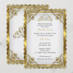 Convite Tiaro de Renda Damasco Pérola Branco Dourado Festa