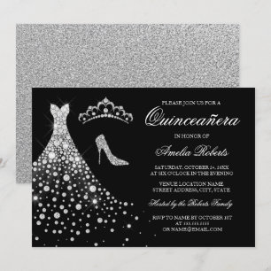 Convite Tiaro de vestido de diamante preto prateado Quince